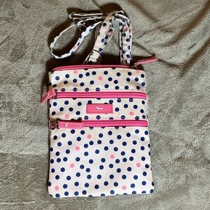 Scout Crossbody Bag in White with Navy and Pink Polka Dots